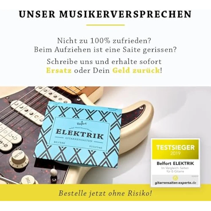 BELFORT® E-Gitarren-Saiten, 6-Saiten-Set aus Nickel für E-Gitarre, inkl. 4 Plektren und extra hoher E-Saite, brillante Klangqualität, schmerzfreies Spielen – Bild 2