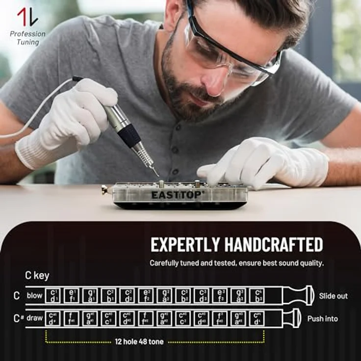 EAST TOP FORERUNNER 2.0, Chromatische Mundharmonika ohne Ventile, 12-Loch, 48 Töne in C-Key, transparenter ABS-Kamm in Weiß, Edelstahlabdeckungen mit mattem Finish, ideal für Erwachsene, Anfänger und Studenten – Bild 5
