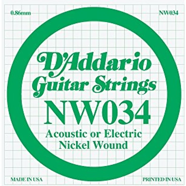 D'Addario NW034, Nickel-Einzelsaite für Gitarren, 0,034 Zoll, XL Nickel Round Wound