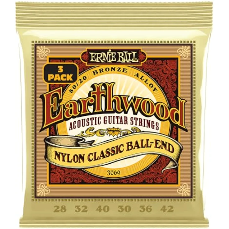 Ernie Ball Earthwood Nylon-Saiten für Folk-Gitarre, 80/20 Bronze, transparent und goldfarben, Stärke 28-42 - 3er-Pack