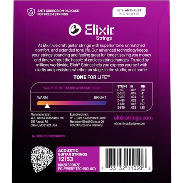 Elixir® Saiten 80/20 Bronze Akustik-Gitarrensaiten, POLYWEB® beschichtet, Light (.012-.053) mit langlebigem Ton und klarem Spielgefühl – Bild 2