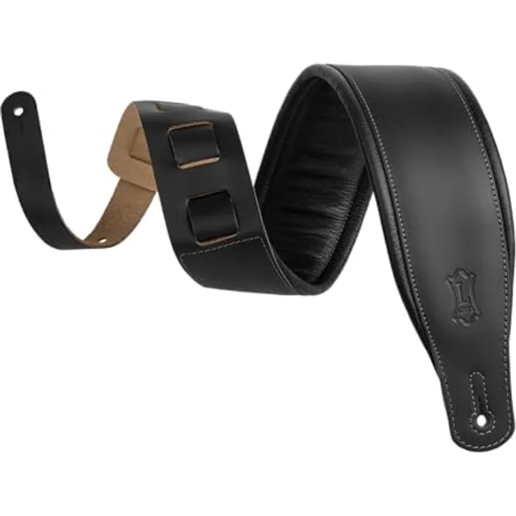 Levys Amped Leather 3" BK, gepolsterter Gitarrengurt aus Vollnarbenleder mit Schaumstoffpolsterung, schwarz, verstellbar von 94 cm bis 130 cm