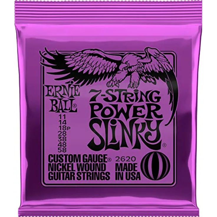 Ernie Ball Power Slinky E-Gitarrensaiten, für 7-Saiter, Nickelwicklung, Stärke 11–58, ausgeglichener Ton und Präzisionswickel