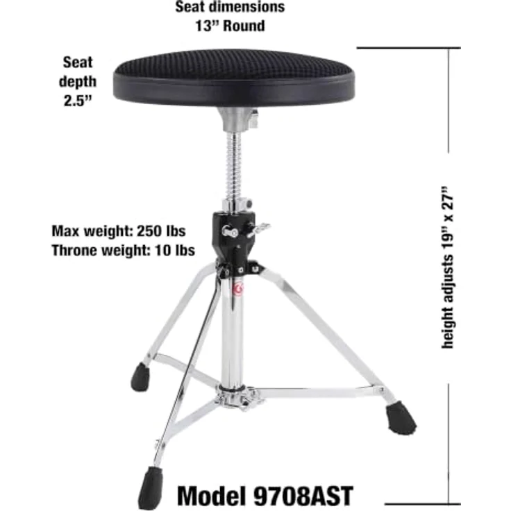 Gibraltar Schlagzeughocker 9000 Series Air Tech Skinny, 9708AST, Durchmesser 39cm, Dry-Mesh Sitzfläche, höhenverstellbar 47-62cm, 'Super Foot' Gummifüße – Bild 2