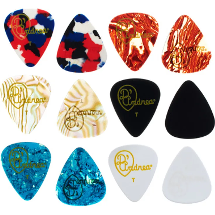 dAndrea Celluloid Classic Pick 0,46 mm, Plektrum-Set mit 12 Stück in Abalone, Schwarz, Konfetti, Shell, Türkis und Weiß