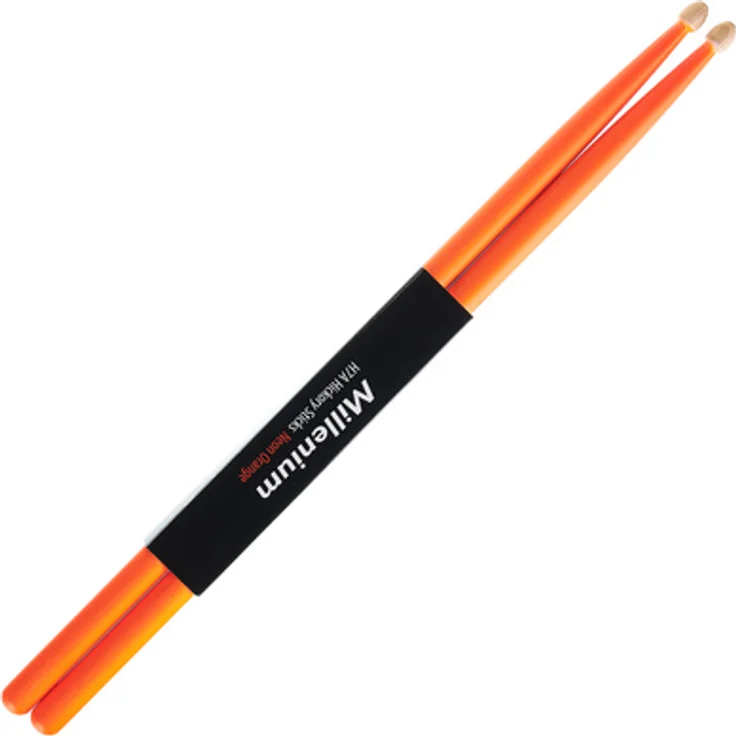 Millenium H7A Hickory Drumsticks, 39,4 cm Länge, 13,7 mm Durchmesser, Neon Orange, Holzkopf aus Hickory