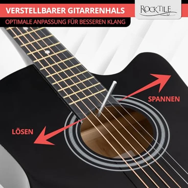 Rocktile WSD-5C-BK Slim Line Westerngitarre, Dreadnought Akustik Gitarre mit Linde Korpus, Catalpa Hals, inkl. Tasche, Ersatzsaiten, Gurt und Plektren, Schwarz – Bild 4