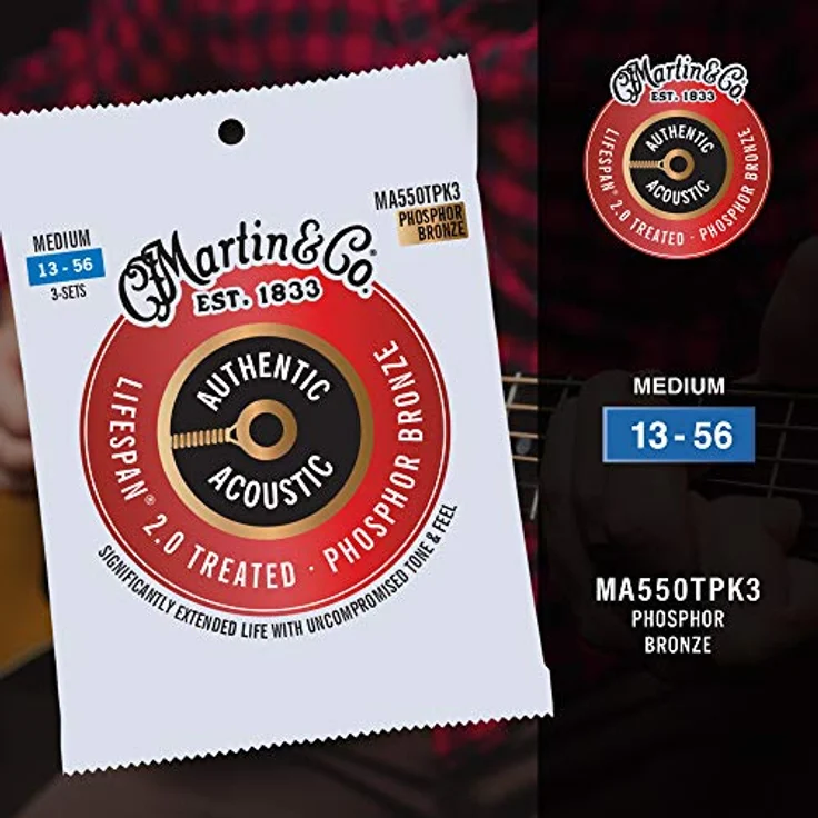 Martin 3er-Pack Akustikgitarrensaiten Lifespan 2.0 Medium 13-56, 98/2 Phosphor Bronze, hochflexible Saiten für beeindruckendes Spielgefühl – Bild 4