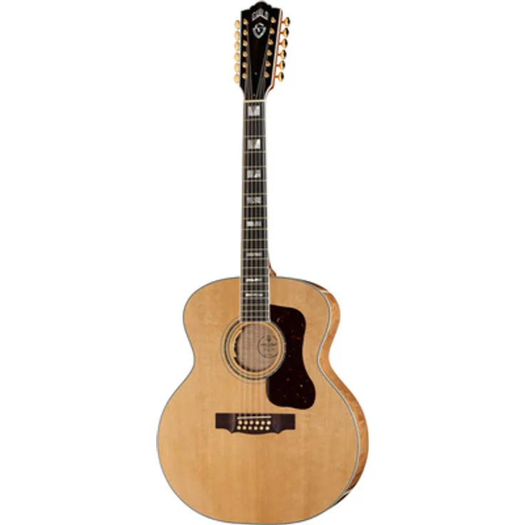Guild USA F-512E Maple Blonde, 12-saitige Jumbo Westerngitarre mit Tonabnehmer und geflammtem Ahorn, Blonde Nitrocellulose finish