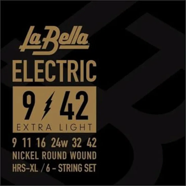 La Bella HRS-XL E-Gitarren Saiten, Extra Light Nickel Plated Steel für verbesserte Flexibilität und Sustain, 6-Saiter Set, .009 - .042, Made in USA