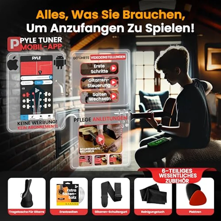 Pyle 3/4 Akustikgitarren-Set mit Stahlsaiten, Lindenholz, matt schwarz, inklusive Gigbag, Stimmgerät, Ersatzsaiten und Zubehör – Bild 2