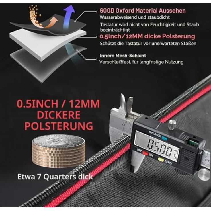 Ruibo Keyboardtasche 61 Tasten, Gigbag aus 600D Oxford-Tuch mit 10 mm Baumwoll-Gepolsterung, tragbar, langlebig, wasserdicht, 101,6 x 40,6 x 15,2 cm, Schwarz+Rot – Bild 2