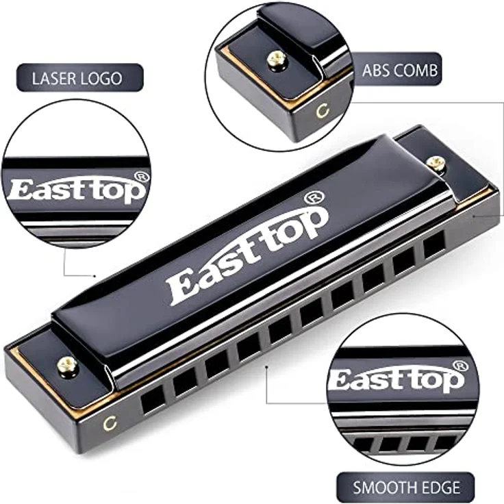 East top 10-Loch Happy Mundharmonika, Tonart C, mit gebogenem Edelstahldeckel, handgefertigt, schwarz, ideal für Anfänger und Profis, inklusive Geschenkverpackung und Koffer – Bild 3