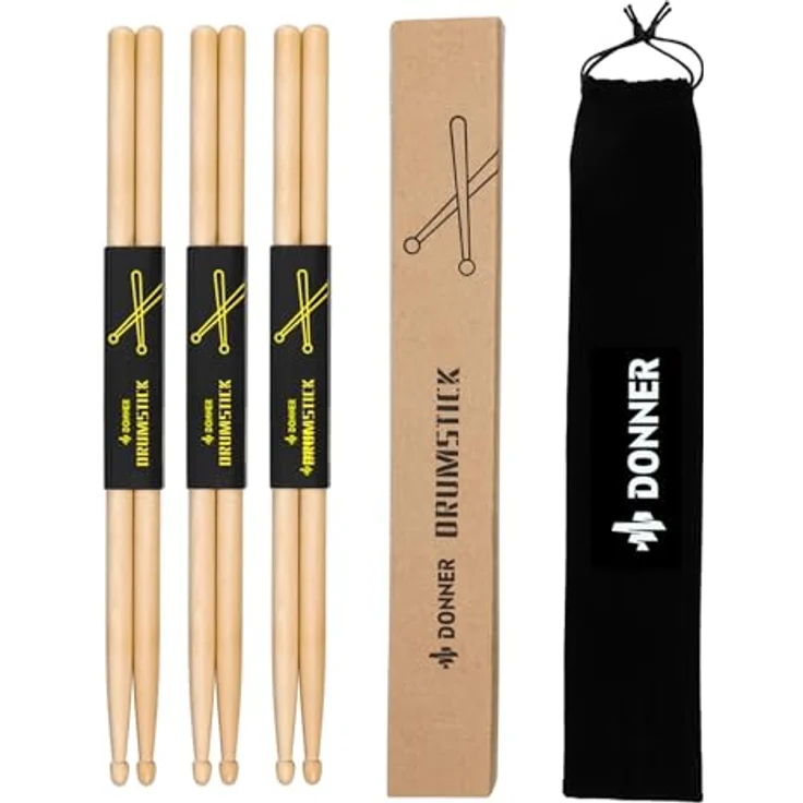 Donner 5A Drumsticks, klassisches Ahornholz, 3 Paar mit Tragetasche, korrosionsbeständig und umweltfreundlich – Bild 4