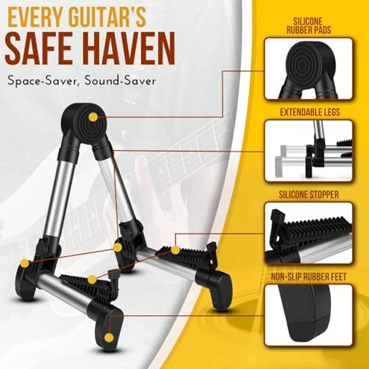Flexzion A-Rahmen Gitarrenständer, Tragbarer Aluminium-Gitarrenhalter für Akustikgitarre, Cello, E-Gitarre, Bass, faltbar, schaumstoffbezogen, mit Gummipolster, Silber – Bild 2