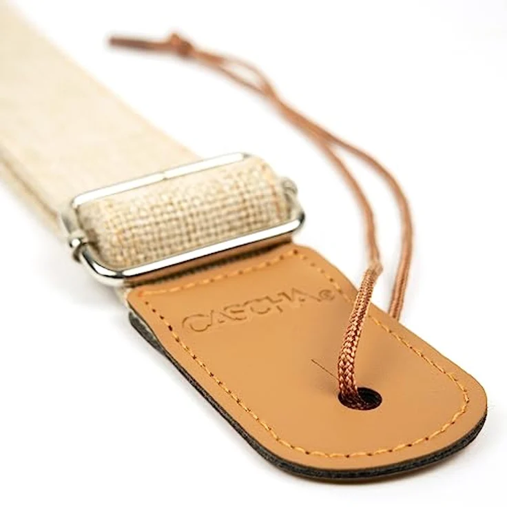 CASCHA Ukulele Gurt, verstellbarer Tragegurt aus Baumwolle, bis 139cm, beige mit Lederenden – Bild 2
