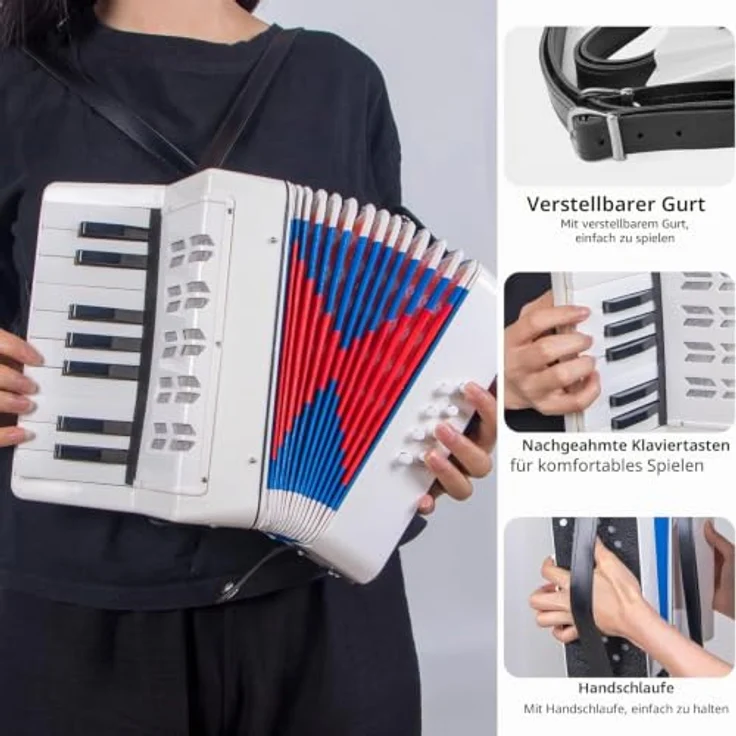 NEWFUN Akkordeon, Ziehharmonika mit 17 Tasten und 8 Bass, Leicht und Tragbar, Ideal für Anfänger, mit Verstellbarem Gurt – Bild 3