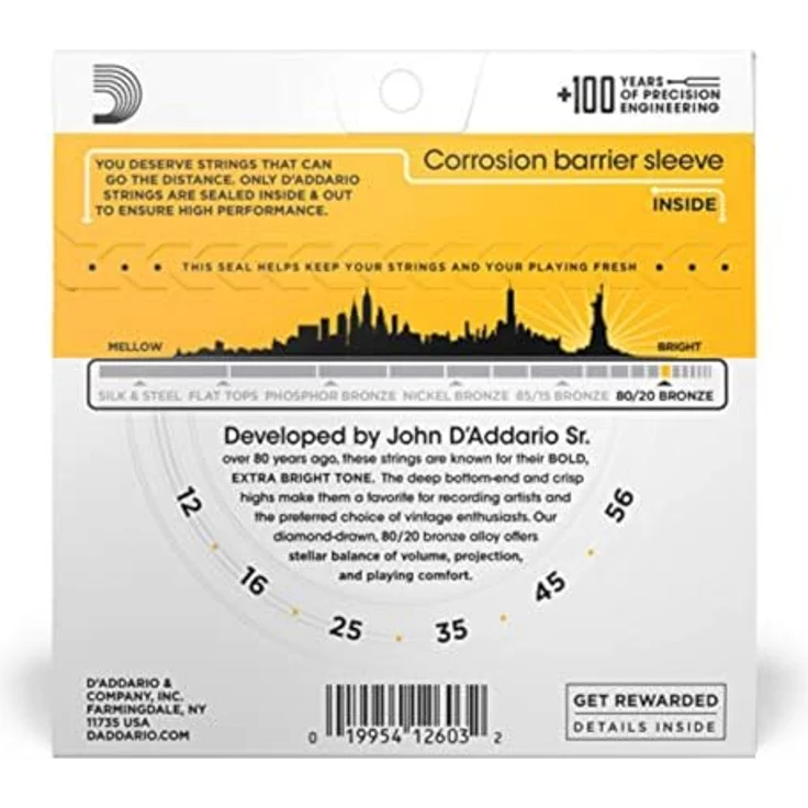 D'Addario EJ14 80/20 Bronze Akustikgitarrensaiten, Light Top/Medium Bottom für Bluegrass, 12-56, hergestellt in den USA – Bild 2