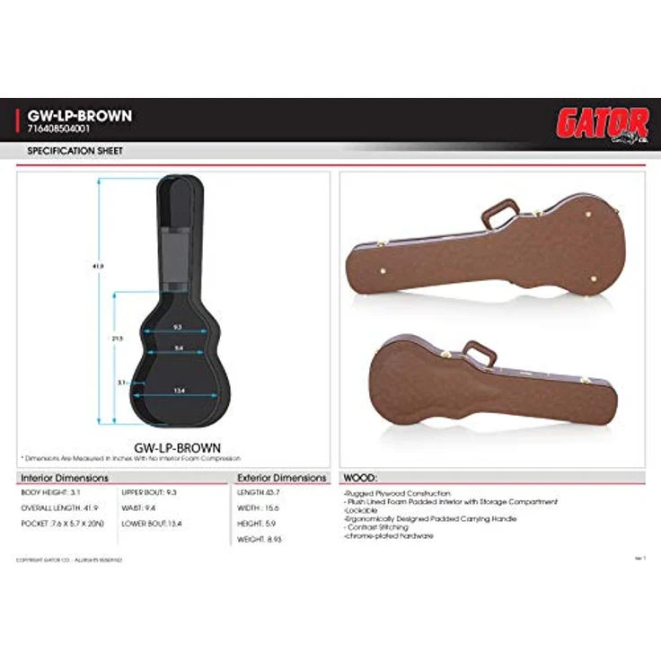 Gator GW-LP-Brown, Gitarrenkoffer für Single Cut Gitarren, Holzkoffer mit Vinylbezug, abschließbare Schlösser, Zubehörfach, braun – Bild 2