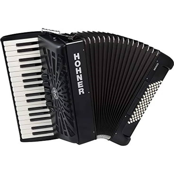 Hohner Bravo III 72 Black, Piano-Akkordeon mit 72 Bässen, 34 Diskanttasten und Silent Key, schwarz