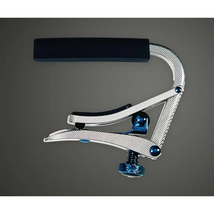 Shubb T1 Titanium, Kapodaster für Akustik-/E-Gitarre aus massivem Titan mit blauen Applikationen, ergonomischem Hebel und Rollenmechanik, Titan – Bild 3