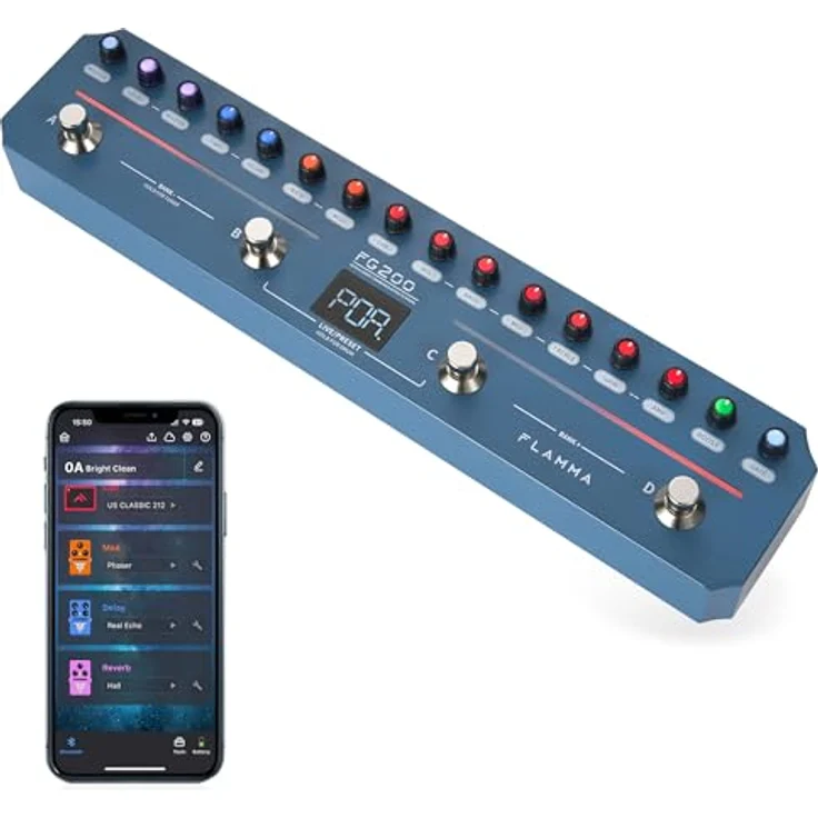 Flamma FG200 Effect Strip, Gitarren-Multieffekte mit 7 Effekt-Modulen, Bluetooth, integrierter Drum-Maschine und wiederaufladbarer Batterie – Bild 1