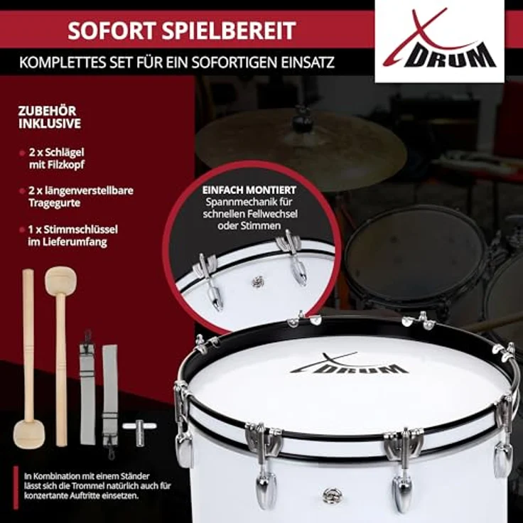 XDrum MBD-218 Marsch Bass Trommel, 18" x 12", weiß, mit verchromter Hardware, 4 Trageösen, inkl. Schlägel und Tragegurte – Bild 3
