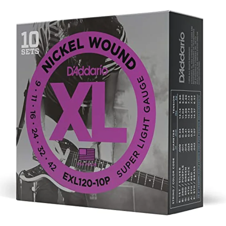 Daddario EXL120-10P, E-Gitarrensaiten Satz mit 10 Sätzen, Nickel plated Steel, Stärken 009-011-016-w024-w032-w042