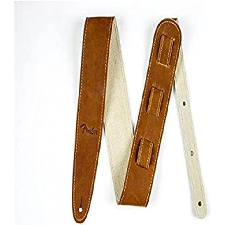 Fender Ball Glove Leather Strap BRN, Gitarren-Bassgurt aus original Baseballhandschuhleder, braun, verstellbar von 103 bis 135 cm, mit geprägtem Logo und weichem Wildleder-Unterteil, breite 63,5 mm – Bild 1