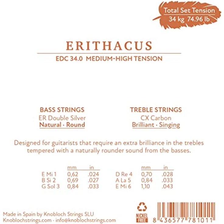 Knobloch Strings Erithacus line EDC34.0 MHT, Gitarrensaiten für Konzertgitarre, Medium High Tension mit CX Carbon Treble und ER Double Silver Bass – Bild 2