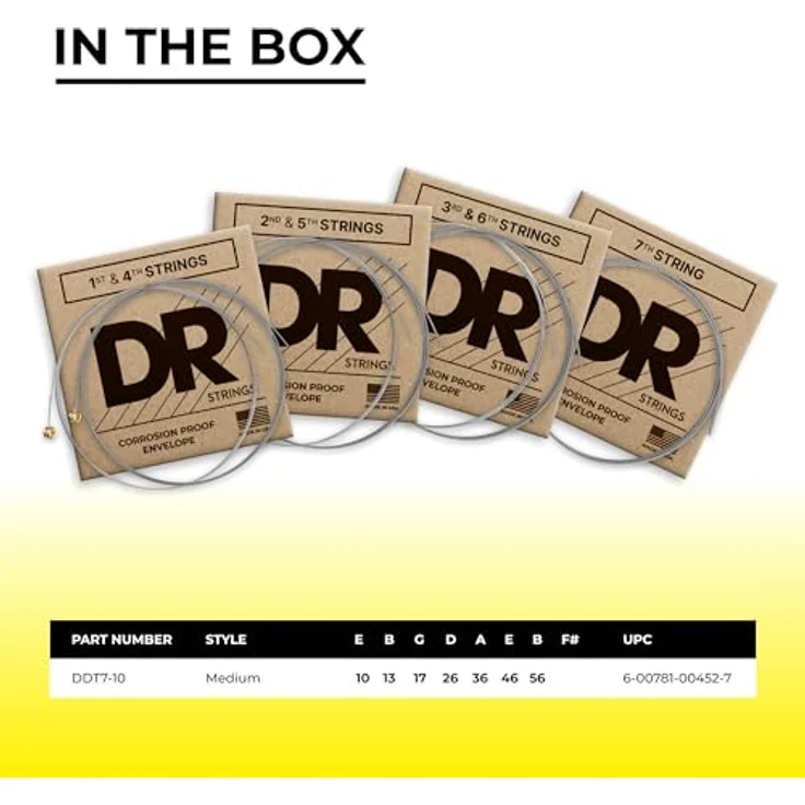 DR Strings Drop-Down Tuning DDT-7/10, Gitarrensaiten für E-Gitarre, 7-Saiter Satz, Medium, Stärken: .010" - .056", vernickelter Stahl, Roundwound, speziell für Drop-Down tunings – Bild 5