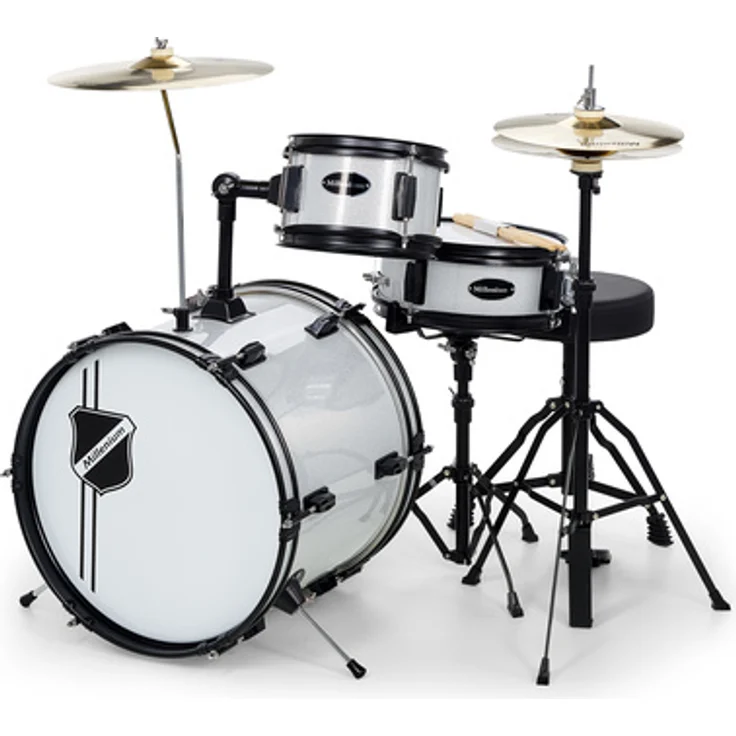 Millenium Youngster Drum Set Silver, Kinder Schlagzeug Set mit 16"x12" Bass Drum, Silver Sparkle Folienfinish, inklusive LowNoiz Becken und Zubehör