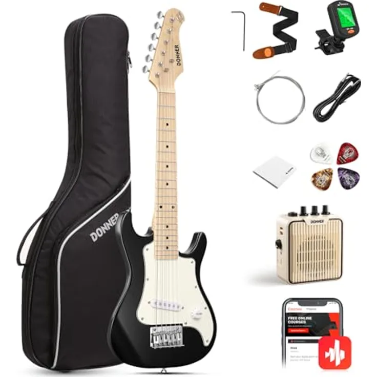 Donner DSJ-100 Junior E-Gitarre Set für Kinder, Mini-Format in Schwarz mit ergonomischem Design und Single-Coil-Tonabnehmern