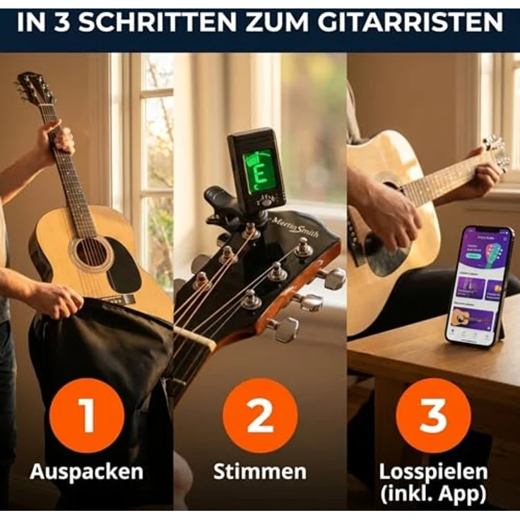 Martin Smith Akustikgitarre, Westerngitarre in Natur mit Gitarrenständer, Tuner, Gig Bag, Gurt, Plektren und Saiten – Bild 3
