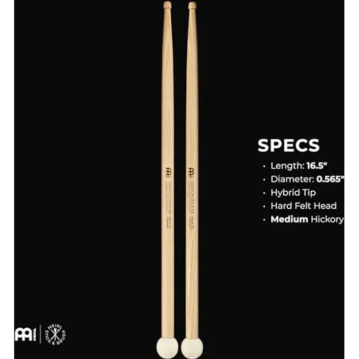 Meinl 5A Switch Stick, Drumstick aus American Hickory mit Filzbeater, Länge 413 mm, Durchmesser 14,4 mm, made in Germany – Bild 3