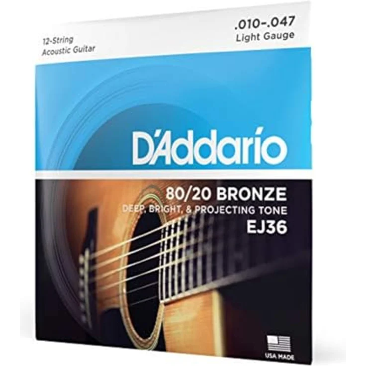 D'Addario EJ36 12-String 80/20 Bronze Akustikgitarrensaiten, Light, 10-47, präzise gewickelt, kräftiger, heller Klang – Bild 1