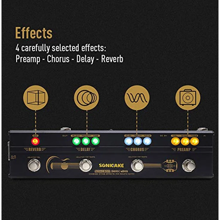 SONICAKE Multi Effektpedal für Gitarre & Akustikgitarre, DI Box mit XLR Ausgang, analoger Vorverstärker, Chorus, Delay, Reverb, Sonic Wood – Bild 3