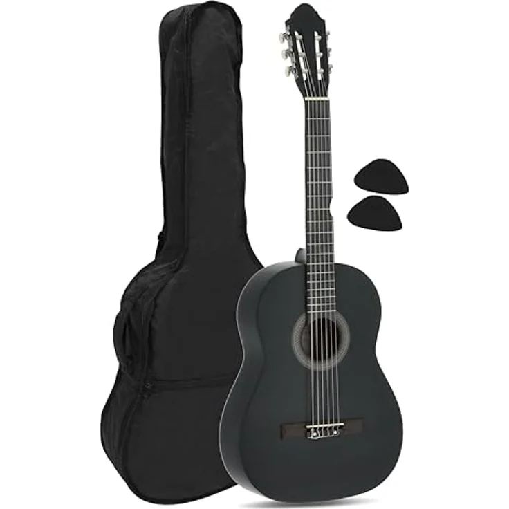 Juan Miguel Navarrez Konzertgitarre, klassische 4/4 Gitarre in Schwarz mit Tasche, Lindenholz-Korpus, präzise Verarbeitungsqualität – Bild 1
