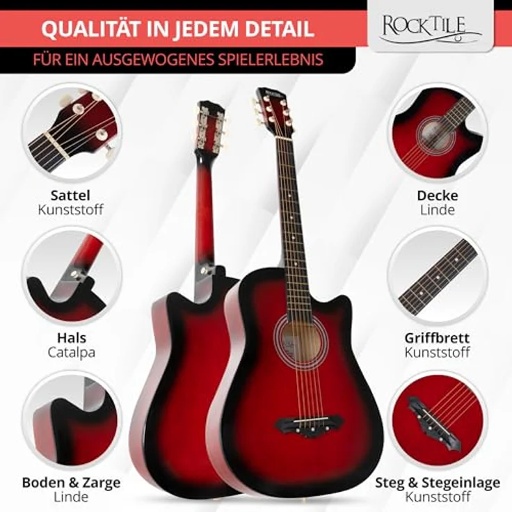 Rocktile WSD-5C-RDB Slim Line Westerngitarre Set, Dreadnought Akustikgitarre mit Linde-Korpus, Catalpa-Hals, Redburst, inkl. Tasche, Ersatzsaiten, Gurt und Plektren – Bild 5