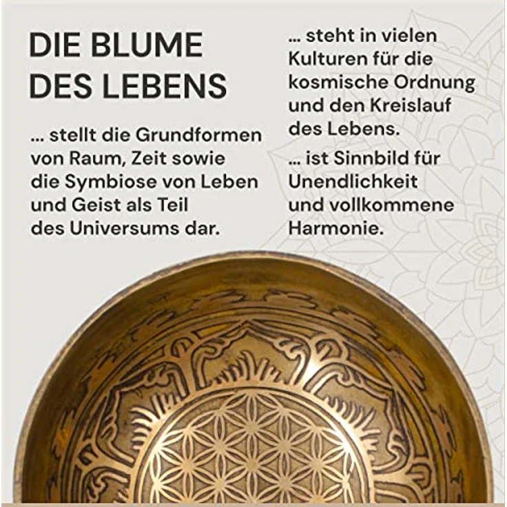 Avanda Tibetische Klangschale Blume des Lebens, Ø 10 cm, 400 Gramm, antike Oberfläche, traditionelle Handarbeit, Profi-Qualität für Yoga und Meditation – Bild 2