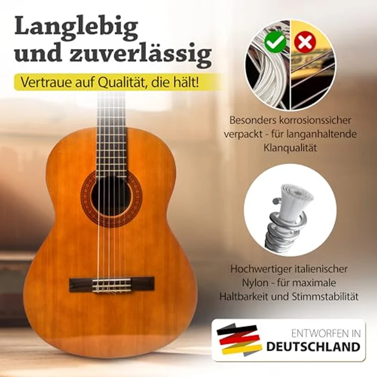 BELFORT® Gitarrensaiten Konzertgitarre, 6-Saiten Set aus Nylon und Silber mit 4 Plektren, extra hoher E-Saite für akustische Gitarre, ideal für Anfänger und Profis – Bild 3