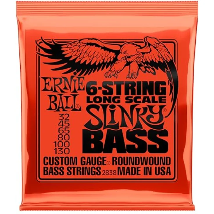 Ernie Ball 2838 Slinky, Bass-Saiten Satz für 6 Saiten, Stärke 032 - 045 - 065 - 080 - 100 - 130, runder Allroundton