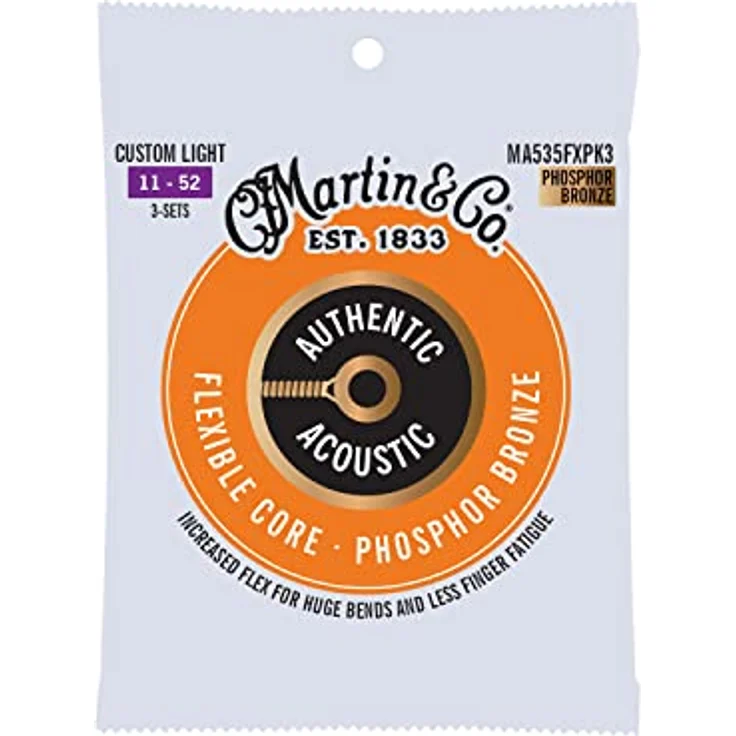 Martin 3er-Pack Akustikgitarrensaiten, Flexible Core Custom Light 11/52, 98/2 Phosphor Bronze (MA535FXPK3) – Bild 1
