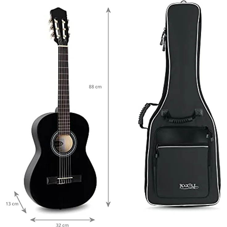 ROCKTILE 1/2 Klassik-Gitarrentasche, gepolsterter Gigbag mit Rucksackgarnitur und 2 Außentaschen, schwarz – Bild 3