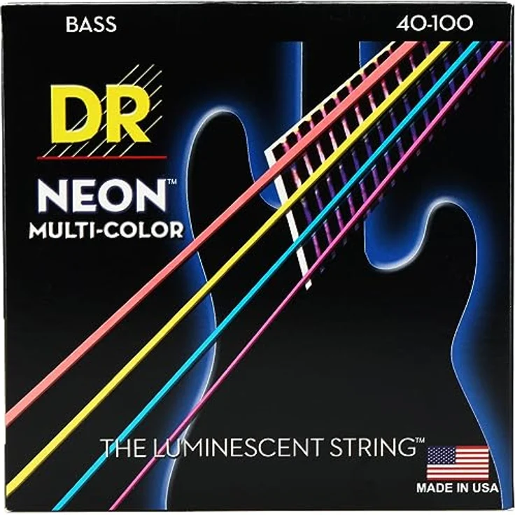 DR Strings Hi-Def Neon Mehrfarbig NMCB-40, E-Bass Light Saiten 40-100, runder Kern, versilberte Stahlummantelung, K3-Beschichtung