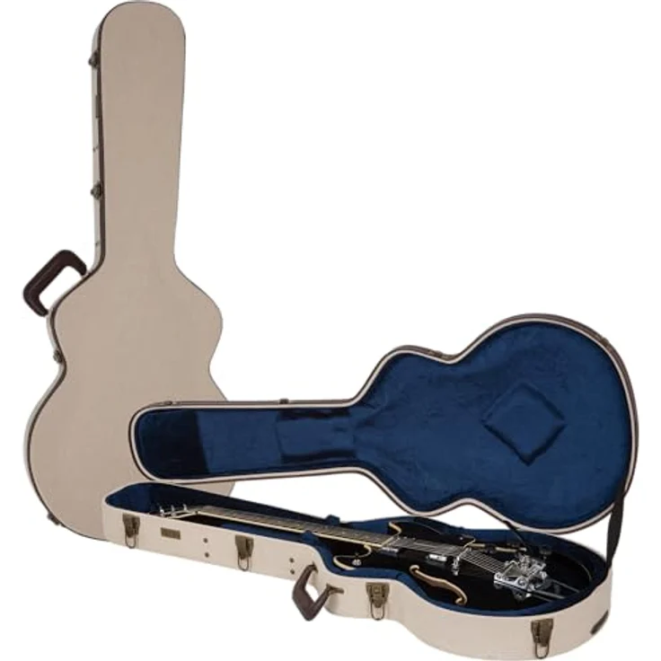 Gator Journeyman Semi-Hollow, Gitarrenkoffer für Semi Hollow E-Gitarre, Beige/Braun mit antiken Messingbeschlägen und blauen Knautschsamt-Innenfutter – Bild 1