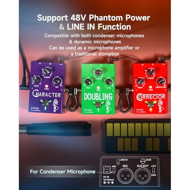 Flamma FV01 Vocal & Guitar FX, Gesangs- und Gitarren-Effektprozessor mit 48-V-Phantomspeisung, Delay und Reverb – Bild 5