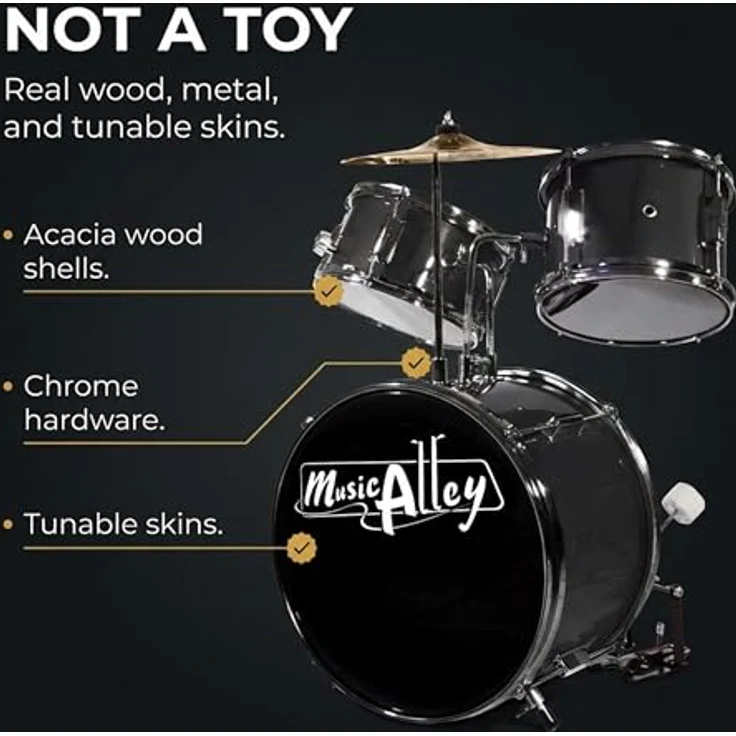 Music Alley DBJK02-BK, 3-teiliges Anfänger-Drumkit für Kinder, Black - Besonders robustes Holz und Metall, 14-Zoll-Bassdrum – Bild 2