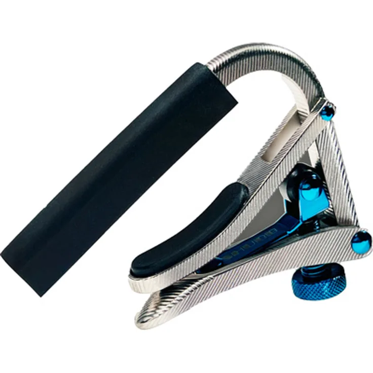 Shubb T1 Titanium, Kapodaster für Akustik-/E-Gitarre aus massivem Titan mit blauen Applikationen, ergonomischem Hebel und Rollenmechanik, Titan