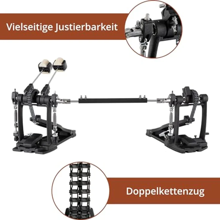 XDrum Fußmaschine Pro Doppel, 2 Pedale mit Doppelkettenzug, 4 Side Beater, zusätzliche Beateraufnahme links, ideal für 2 Bass Drums – Bild 3